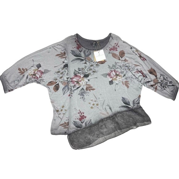 NWT Belle France Oversize Asymmetric Gray Floral Sweater Top Italy Made Women XL - Picture 2 of 13